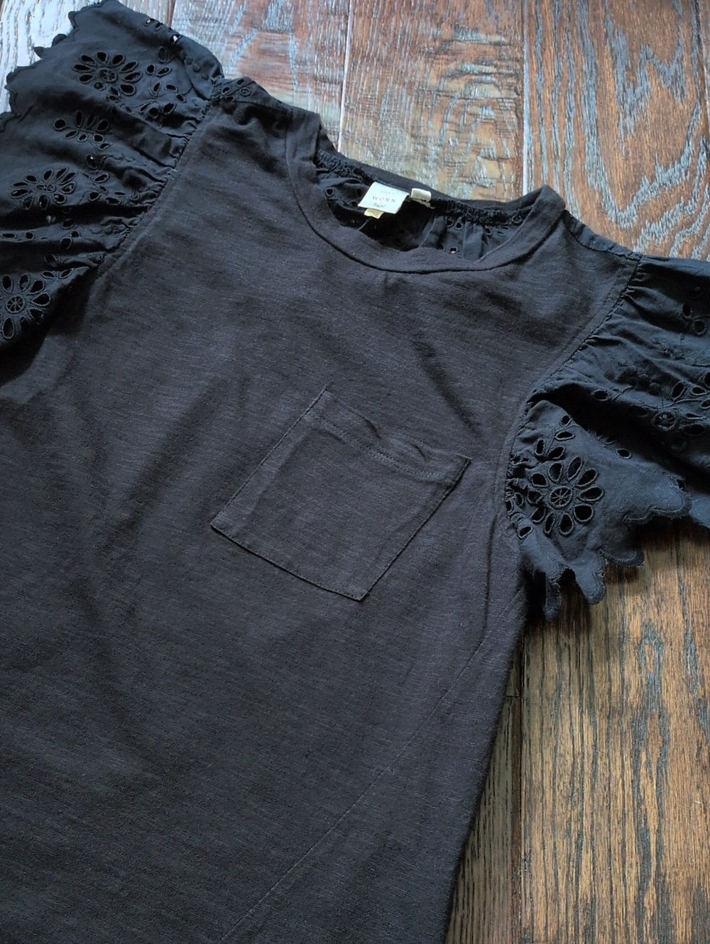ANTHRO I Black Eyelet Back & Flutter Short Sleeve Top Shirt by Seen Worn Kept, S